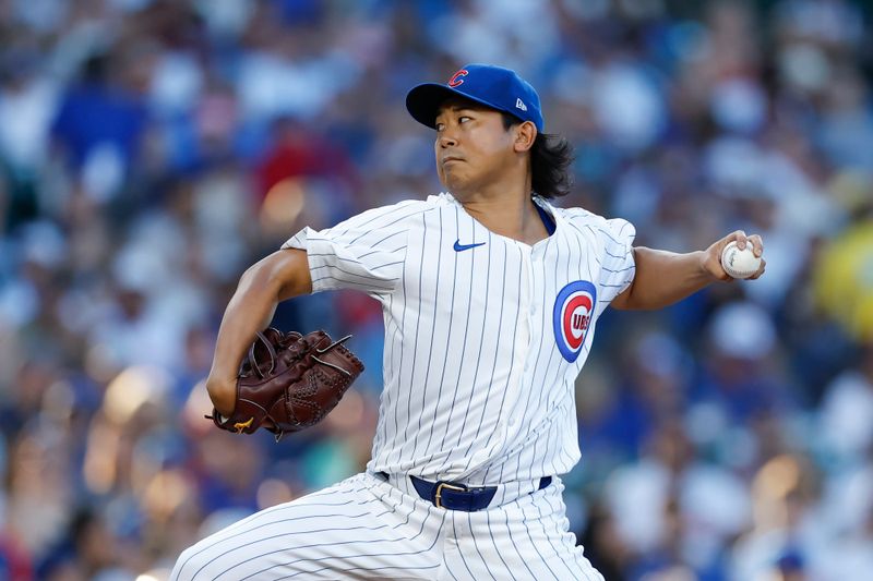 Jul 3, 2024; Chicago, Illinois, USA; Chicago Cubs starting pitcher Shota Imanaga (18) delivers a pitch against the Philadelphia Phillies during the first inning at Wrigley Field. Mandatory Credit: Kamil Krzaczynski-USA TODAY Sports