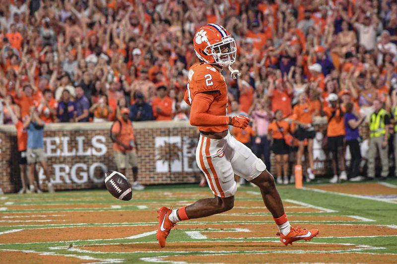 Sep 16, 2023; Clemson, South Carolina; Clemson cornerback Nate Wiggins (2) returns an interception for a touchdown during the first quarter against Florida Atlantic at Memorial Stadium.  Mandatory Credit: Ken Ruinard-USA TODAY NETWORK