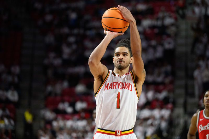 Dec 4, 2024; College Park, Maryland, USA; Maryland Terrapins guard Rodney Rice (1) shoots a free throw during the second half against the Ohio State Buckeyes at Xfinity Center. Mandatory Credit: Reggie Hildred-Imagn Images