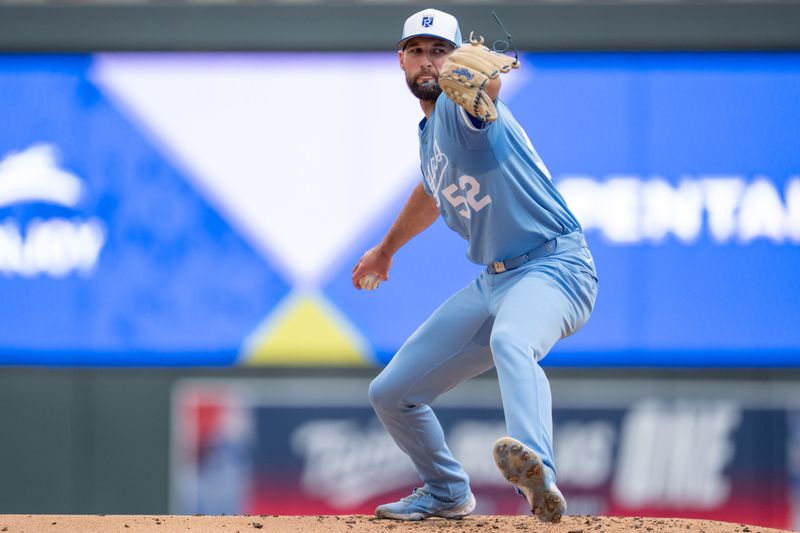 May 24, 2025; Minneapolis, Minnesota, USA; Kansas City Royals starting pitcher Michael Wacha (52) pitches to Minnesota Twins second base Willi Castro (50) in the second inning at Target Field. Mandatory Credit: Matt Blewett-Imagn Images