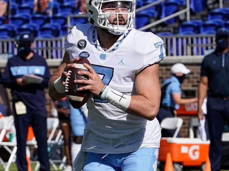 Nov 7, 2020; Durham, North Carolina, USA; North Carolina Tar Heels quarterback Sam Howell (7) drops back to pass against the Duke Blue Devils during the first quarter at Wallace Wade Stadium. Mandatory Credit: Jim Dedmon-USA TODAY Sports