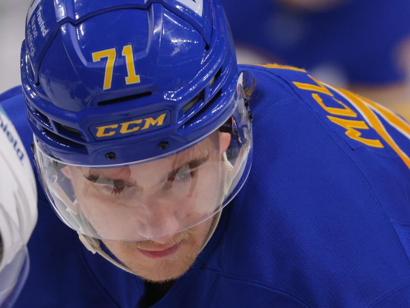 Nov 14, 2024; Buffalo, New York, USA;  Buffalo Sabres center Ryan McLeod (71) waits for the face-off during the second period against the St. Louis Blues at KeyBank Center. Mandatory Credit: Timothy T. Ludwig-Imagn Images