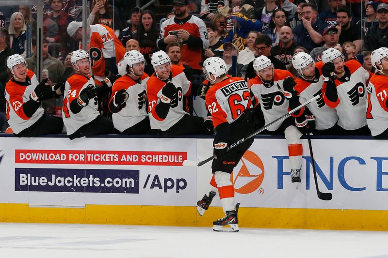 Apr 6, 2024; Columbus, Ohio, USA; Philadelphia Flyers right wing Olle Lycksell (62) celebrates his goal against the Columbus Blue Jackets during the second period at Nationwide Arena. Mandatory Credit: Russell LaBounty-USA TODAY Sports