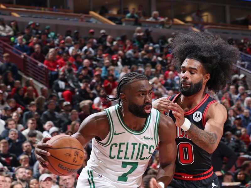 CHICAGO, IL - NOVEMBER 29: Jaylen Brown #7 of the Boston Celtics dribbles the ball during the game against the Chicago Bulls during the Emirates NBA Cup game on November 29, 2024 at United Center in Chicago, Illinois. NOTE TO USER: User expressly acknowledges and agrees that, by downloading and or using this photograph, User is consenting to the terms and conditions of the Getty Images License Agreement. Mandatory Copyright Notice: Copyright 2024 NBAE (Photo by Jeff Haynes/NBAE via Getty Images)