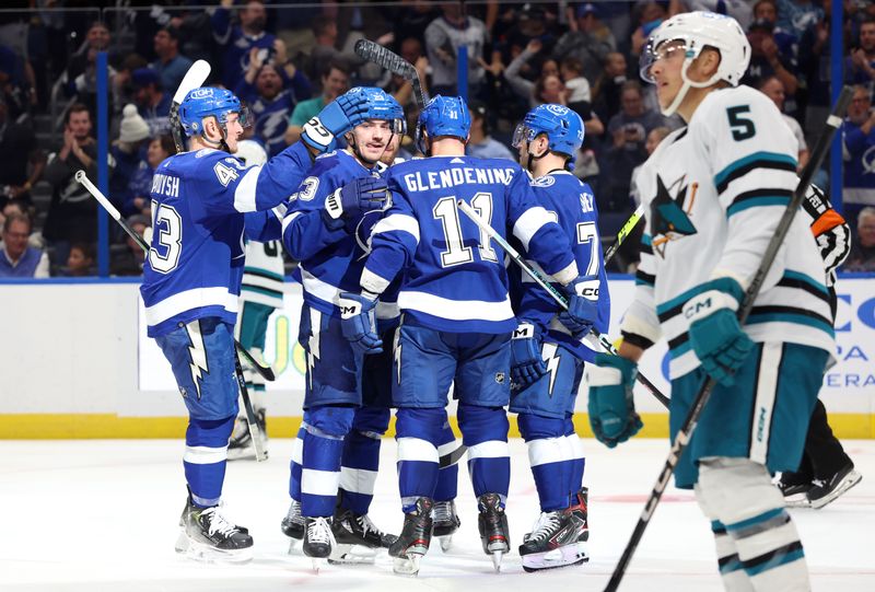 Oct 26, 2023; Tampa, Florida, USA; Tampa Bay Lightning center Luke Glendening (11) celebrates after he scored a goal against the San Jose Sharks  during the third period at Amalie Arena. Mandatory Credit: Kim Klement Neitzel-USA TODAY Sports