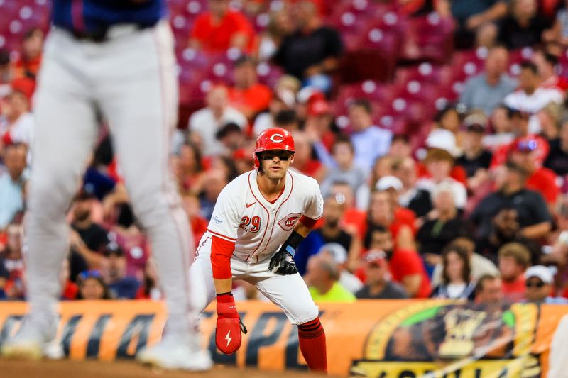 Sep 18, 2024; Cincinnati, Ohio, USA; Cincinnati Reds outfielder TJ Friedl (29) leads off from first in the fourth inning against the Atlanta Braves at Great American Ball Park. Mandatory Credit: Katie Stratman-Imagn Images