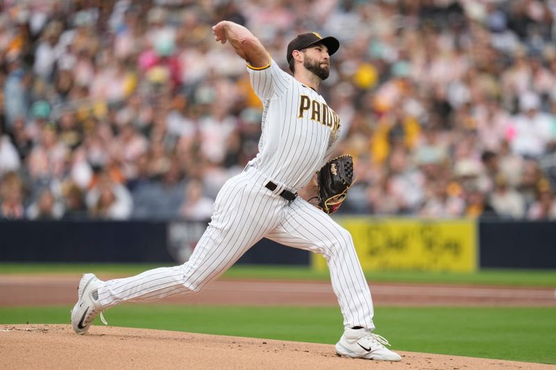 Jun 14, 2023; San Diego, California, USA;  San Diego Padres starting pitcher Michael Wacha (52) throws a pitch against the Cleveland Guardians during the first inning at Petco Park. Mandatory Credit: Ray Acevedo-USA TODAY Sports