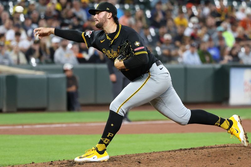 Sep 10, 2025; Baltimore, Maryland, USA; Pittsburgh Pirates pitcher Paul Skenes (30) throws a strikeout during the third inning against the Baltimore Orioles at Oriole Park at Camden Yards. Mandatory Credit: Daniel Kucin Jr.-Imagn Images