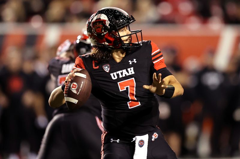 Oct 15, 2022; Salt Lake City, Utah, USA; Utah Utes quarterback Cameron Rising (7) throws against the USC Trojans in the second half at Rice-Eccles Stadium. Mandatory Credit: Rob Gray-USA TODAY Sports