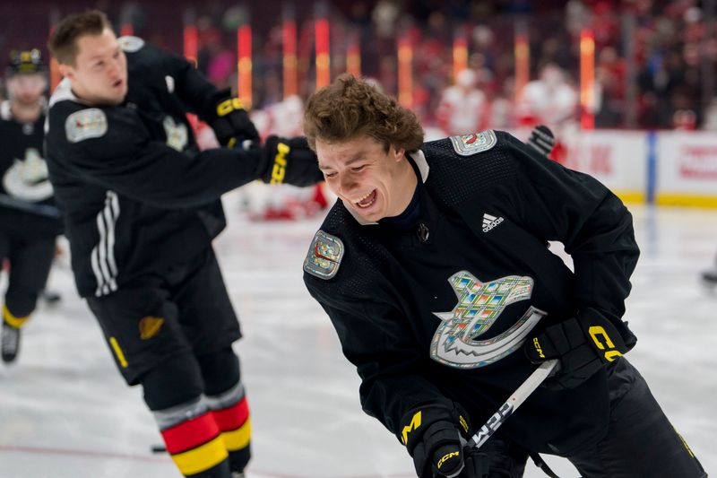 Feb 13, 2023; Vancouver, British Columbia, CAN;Vancouver Canucks forward Andrei Kuzmenko (96) skates during warm up prior to a game against the Detroit Red Wings at Rogers Arena. Mandatory Credit: Bob Frid-USA TODAY Sports