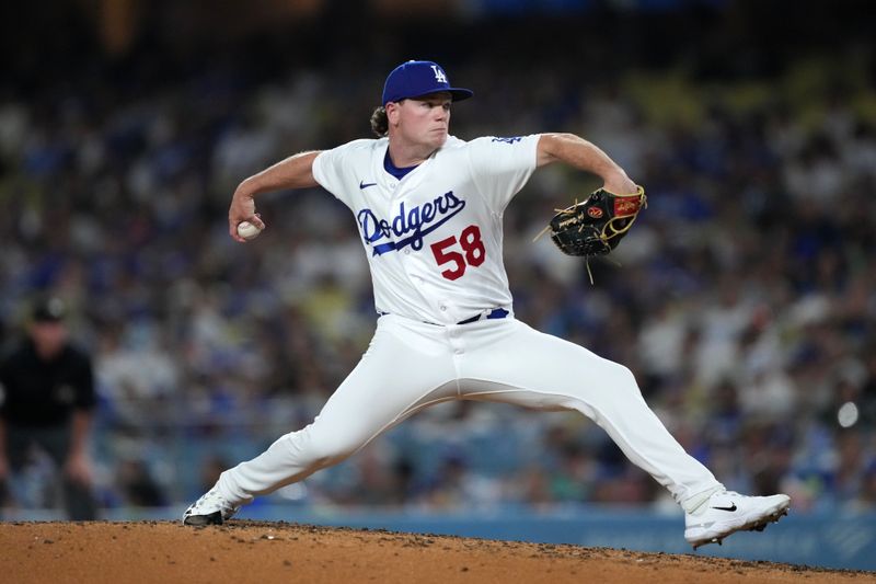 Aug 29, 2023; Los Angeles, California, USA; Los Angeles Dodgers relief pitcher Gus Varland (58) throws in the sixth inning against the Arizona Diamondbacks  at Dodger Stadium. Mandatory Credit: Kirby Lee-USA TODAY Sports