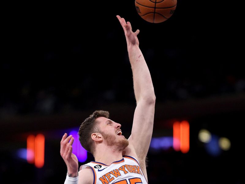 NEW YORK, NEW YORK - APRIL 09:  Isaiah Hartenstein #55 of the New York Knicks takes a shot in the second half against the Indiana Pacers at Madison Square Garden on April 09, 2023 in New York City. NOTE TO USER: User expressly acknowledges and agrees that, by downloading and or using this photograph, User is consenting to the terms and conditions of the Getty Images License Agreement. (Photo by Elsa/Getty Images)