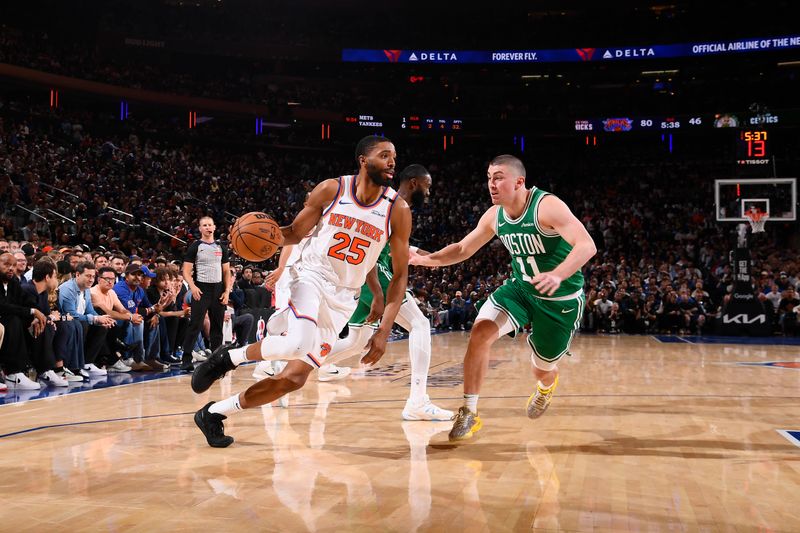 NEW YORK, NY - MAY 16: Mikal Bridges #25 of the New York Knicks handles the ball during the game against the Boston Celtics during Round Two Game Six of the 2025 NBA Playoffs on May 16, 2025 at Madison Square Garden in New York City, New York.  NOTE TO USER: User expressly acknowledges and agrees that, by downloading and or using this photograph, User is consenting to the terms and conditions of the Getty Images License Agreement. Mandatory Copyright Notice: Copyright 2025 NBAE  (Photo by Brian Babineau/NBAE via Getty Images)