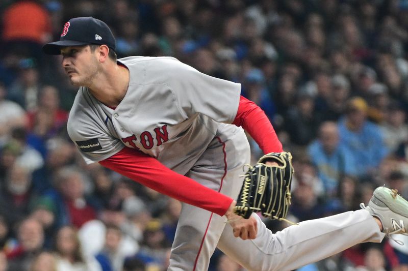 Apr 22, 2023; Milwaukee, Wisconsin, USA; Boston Red Sox pitcher Garrett Whitlock (22) throws a pitch in the first inning against the Milwaukee Brewers at American Family Field. Mandatory Credit: Benny Sieu-USA TODAY Sports