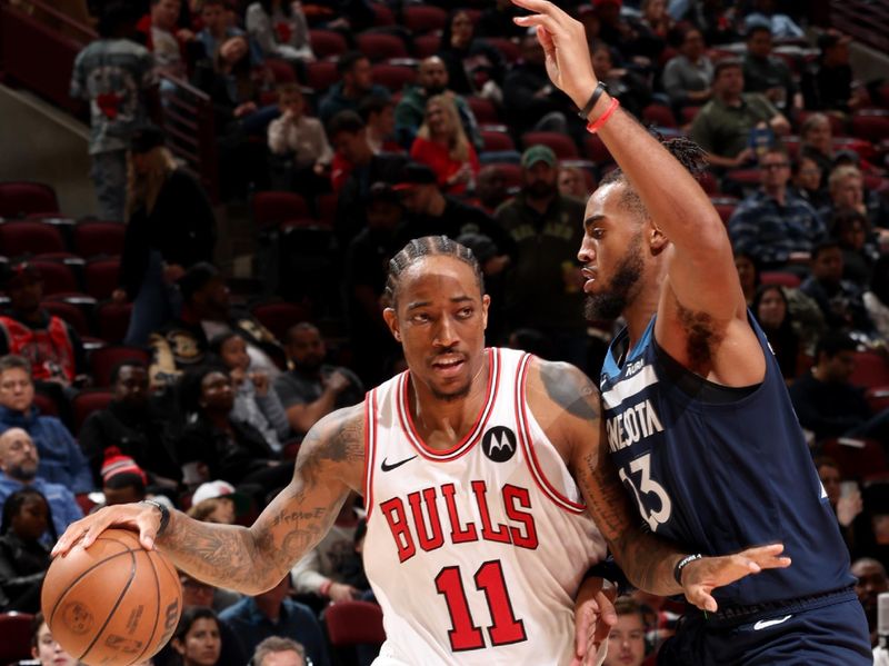 CHICAGO, IL - OCTOBER 19: DeMar DeRozan #11 of the Chicago Bulls drives to the basket during the game against the Minnesota Timberwolves on October 19, 2023 at United Center in Chicago, Illinois. NOTE TO USER: User expressly acknowledges and agrees that, by downloading and or using this photograph, User is consenting to the terms and conditions of the Getty Images License Agreement. Mandatory Copyright Notice: Copyright 2023 NBAE (Photo by Jeff Haynes/NBAE via Getty Images)