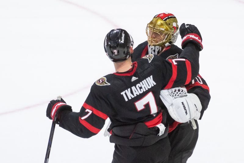 Apr 13, 2024; Ottawa, Ontario, CAN; Ottawa Senators left wing Brady Tkachuk (7) celebrates with goalie Joonas Korpisalo (70) their win in a shootout against the Montreal Canadiens at the Canadian Tire Centre. Mandatory Credit: Marc DesRosiers-USA TODAY Sports