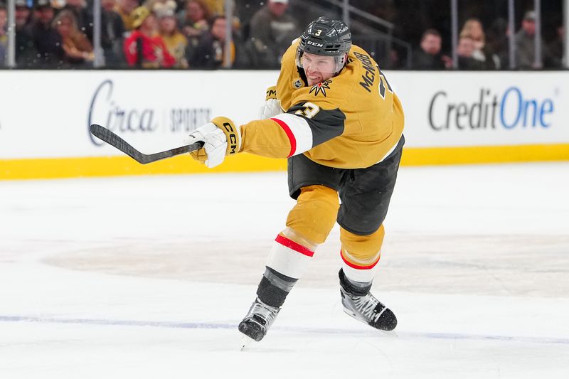 Mar 12, 2026; Las Vegas, Nevada, USA; Vegas Golden Knights defenseman Brayden McNabb (3) shoots against the Pittsburgh Penguins during the third period at T-Mobile Arena. Mandatory Credit: Stephen R. Sylvanie-Imagn Images