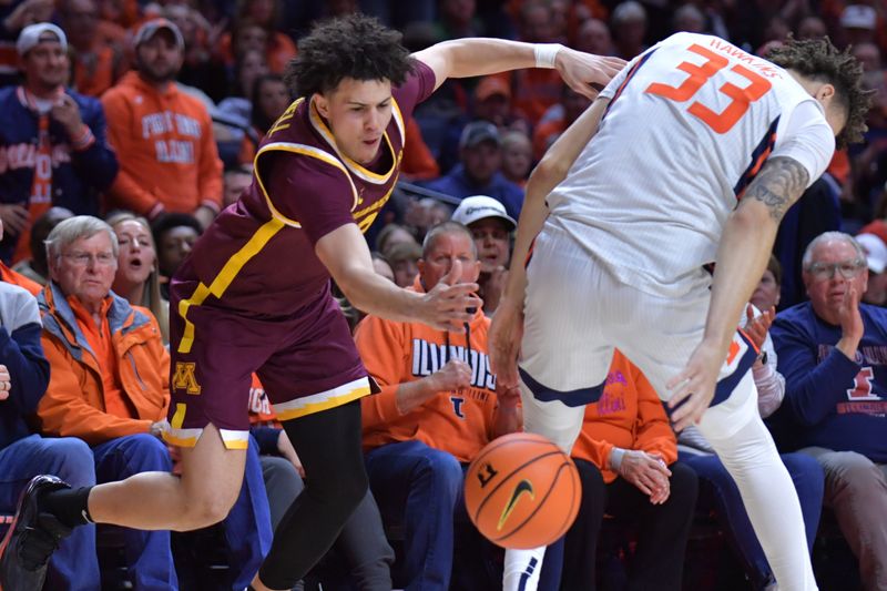 Feb 28, 2024; Champaign, Illinois, USA; Minnesota Golden Gophers guard Mike Mitchell Jr. (2) reaches for a loose ball with Illinois Fighting Illini forward Coleman Hawkins (33) during the second half at State Farm Center. Mandatory Credit: Ron Johnson-USA TODAY Sports