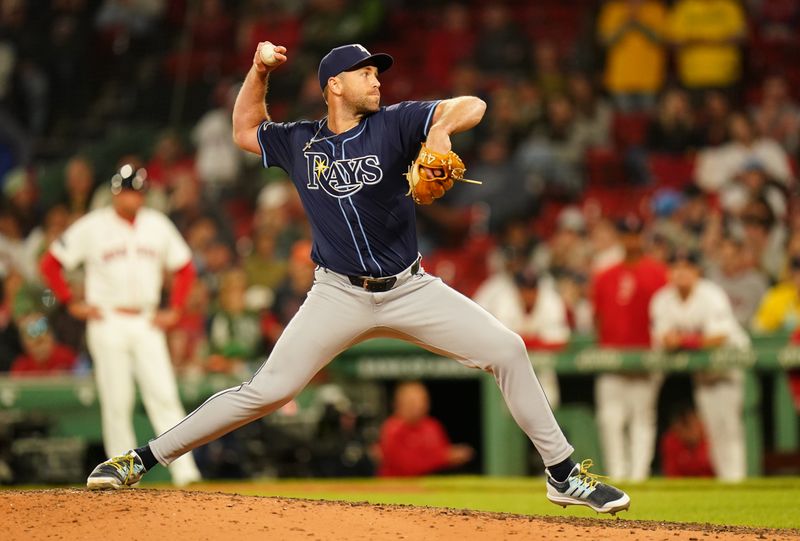 May 13, 2024; Boston, Massachusetts, USA; Tampa Bay Rays relief pitcher Jason Adam (47) throws a pitch against the Boston Red Sox in the ninth inning at Fenway Park. Mandatory Credit: David Butler II-USA TODAY Sports