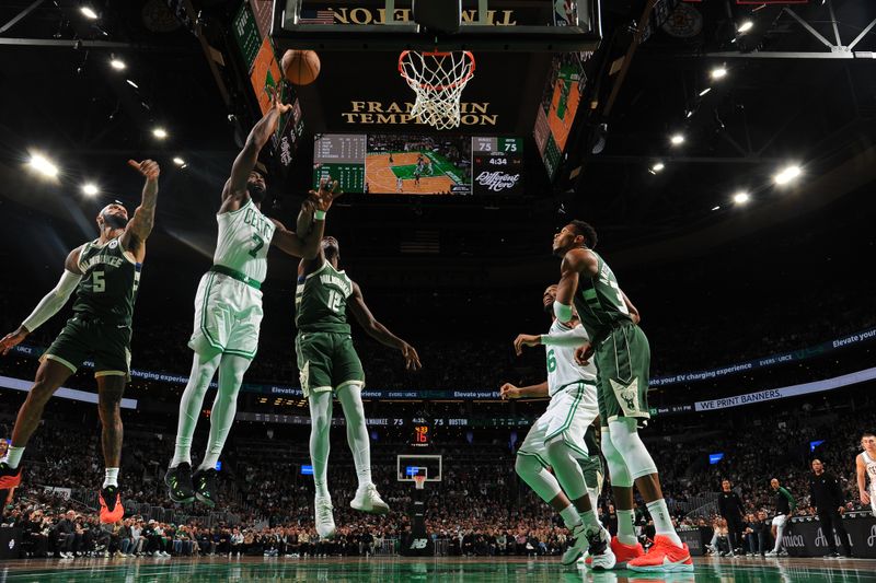 BOSTON, MA - OCTOBER 28: Jaylen Brown #7 of the Boston Celtics shoots the ball during the game against the Milwaukee Bucks on October 28, 2024 at TD Garden in Boston, Massachusetts. NOTE TO USER: User expressly acknowledges and agrees that, by downloading and/or using this Photograph, user is consenting to the terms and conditions of the Getty Images License Agreement. Mandatory Copyright Notice: Copyright 2024 NBAE (Photo by Brian Babineau/NBAE via Getty Images)