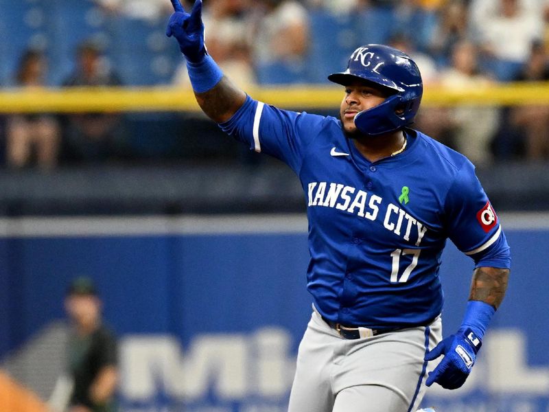 May 25, 2024; St. Petersburg, Florida, USA; Kansas City Royals designated hitter Nelson Velazquez (17) rounds the bases after hitting a solo home run in the second inning against the Tampa Bay Rays at Tropicana Field. Mandatory Credit: Jonathan Dyer-USA TODAY Sports