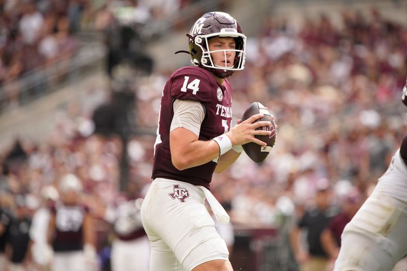 Oct 28, 2023; College Station, Texas, USA; Texas A&M Aggies quarterback Max Johnson (14) looks to pass against South Carolina Gamecocks during the second half at Kyle Field. Mandatory Credit: Dustin Safranek-USA TODAY Sports