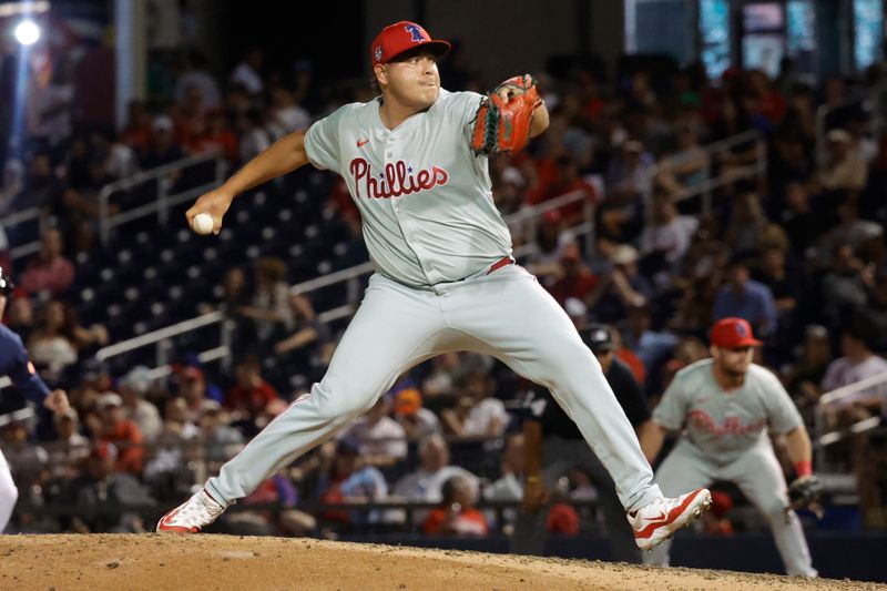 Mar 15, 2024; West Palm Beach, Florida, USA; Philadelphia Phillies relief pitcher Luis Ortiz (56) throws a pitch during the seventh inning against the Houston Astros at The Ballpark of the Palm Beaches. Mandatory Credit: Reinhold Matay-USA TODAY Sports