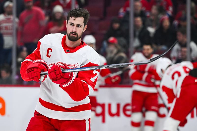 Dec 2, 2023; Montreal, Quebec, CAN; Detroit Red Wings center Dylan Larkin (71) looks on during warm up before the game against the Montreal Canadiens at Bell Centre. Mandatory Credit: David Kirouac-USA TODAY Sports