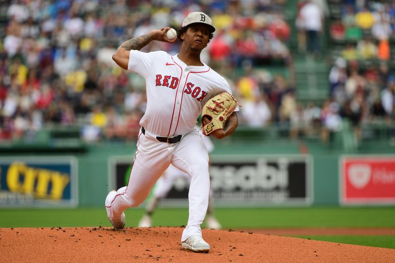 May 18, 2025; Boston, Massachusetts, USA; Boston Red Sox starting pitcher Brayan Bello (66) pitches during the first inning against the Atlanta Braves at Fenway Park. Mandatory Credit: Bob DeChiara-Imagn Images