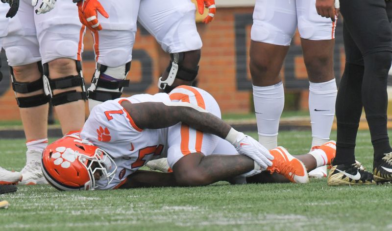 Sep 24, 2022; Winston Salem, NC, USA; Clemson running back Kobe Pace (7) holds his foot during the first quarter against Wake Forest at Truist Field in Winston-Salem, North Carolina Saturday, September 24, 2022.   Mandatory Credit: Ken Ruinard-USA TODAY Sports