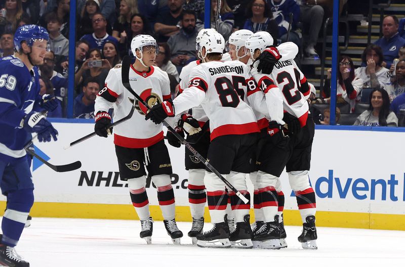 Oct 9, 2025; Tampa, Florida, USA; Ottawa Senators center Dylan Cozens (24) is congratulated after he scored a goal against the Tampa Bay Lightning during the first period at Benchmark International Arena. Mandatory Credit: Kim Klement Neitzel-Imagn Images