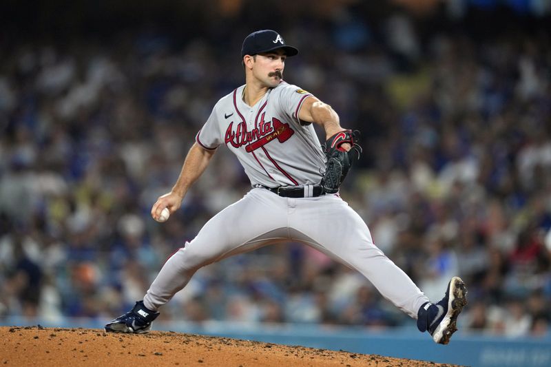 Aug 31, 2023; Los Angeles, California, USA; Atlanta Braves starting pitcher Spencer Strider (99) throws in the second inning against the Los Angeles Dodgers at Dodger Stadium. Mandatory Credit: Kirby Lee-USA TODAY Sports