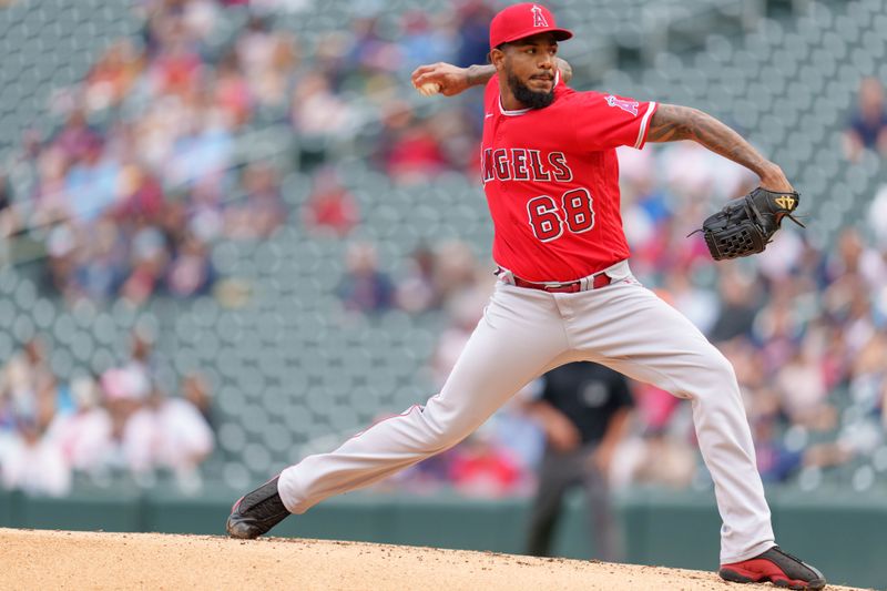 Sep 24, 2023; Minneapolis, Minnesota, USA; Los Angeles Angels relief pitcher Jose Marte (68) pitches to the Minnesota Twins in the seventh inning at Target Field. Mandatory Credit: Matt Blewett-USA TODAY Sports