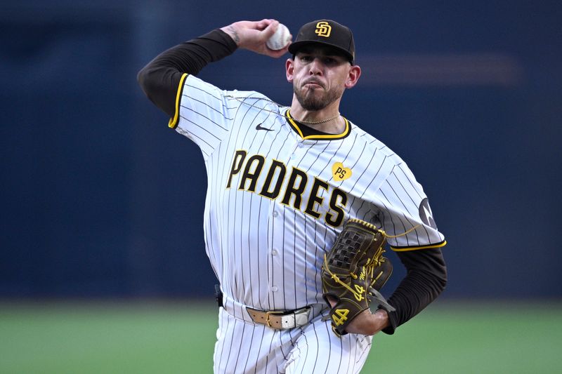 Aug 12, 2024; San Diego, California, USA; San Diego Padres starting pitcher Joe Musgrove (44) pitches against the Pittsburgh Pirates during the first inning at Petco Park. Mandatory Credit: Orlando Ramirez-USA TODAY Sports 