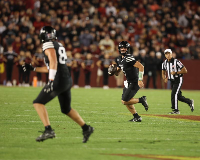 Oct 19, 2024; Ames, Iowa, USA; Iowa State Cyclones quarterback Rocco Becht (3) throws a pass during their game with the UCF Knights at Jack Trice Stadium. The Cyclones beat the Knights 38 to 35.  Mandatory Credit: Reese Strickland-Imagn Images