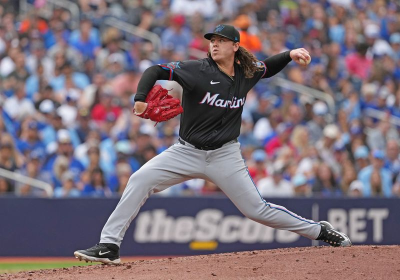 Sep 29, 2024; Toronto, Ontario, CAN; Miami Marlins starting pitcher Ryan Weathers (60) throws a pitch against the Toronto Blue Jays during the second inning at Rogers Centre. Mandatory Credit: Nick Turchiaro-Imagn Images