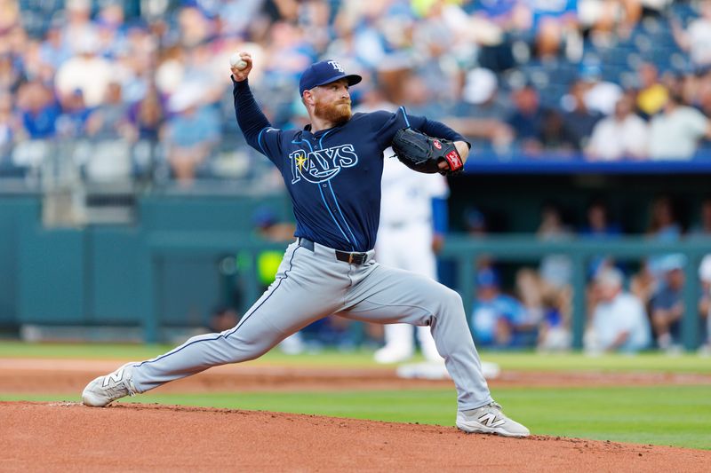 Jun 25, 2025; Kansas City, Missouri, USA; Tampa Bay Rays pitcher Drew Rasmussen (57) pitches during the first inning against the Kansas City Royals  at Kauffman Stadium. Mandatory Credit: William Purnell-Imagn Images