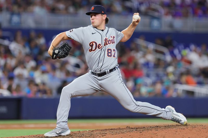 Jul 30, 2023; Miami, Florida, USA; Detroit Tigers relief pitcher Tyler Holton (87) pitches against the Miami Marlins during the seventh inning at loanDepot Park. Mandatory Credit: Sam Navarro-USA TODAY Sports