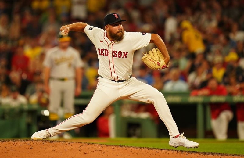 Jul 9, 2024; Boston, Massachusetts, USA; Boston Red Sox relief pitcher Greg Weissert (57) throws a pitch against the Oakland Athletics in the seventh inning at Fenway Park. Mandatory Credit: David Butler II-USA TODAY Sports