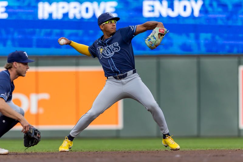 Jun 19, 2024; Minneapolis, Minnesota, USA; Tampa Bay Rays second baseman Richie Palacios (1) throws the ball to first base for an out against the Minnesota Twins in the second inning at Target Field. Mandatory Credit: Jesse Johnson-USA TODAY Sports