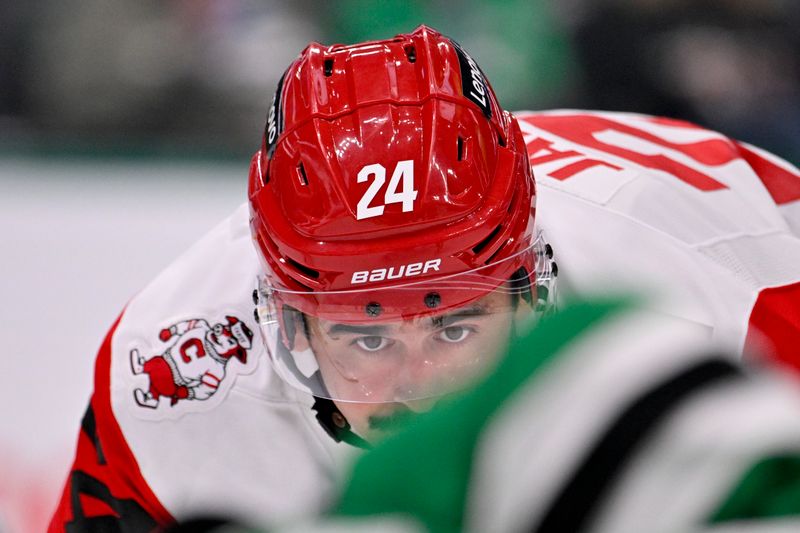 Oct 25, 2025; Dallas, Texas, USA; Carolina Hurricanes center Seth Jarvis (24) looks on during the third period against the Dallas Stars at the American Airlines Center. Mandatory Credit: Jerome Miron-Imagn Images