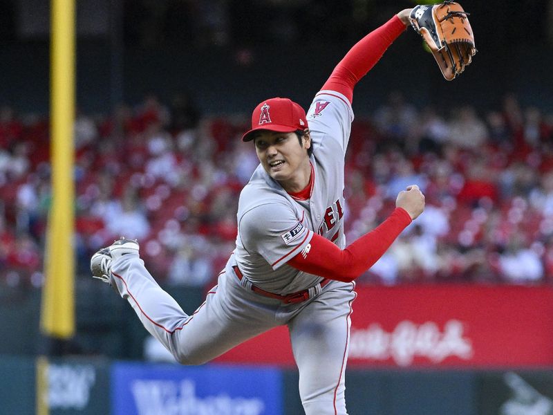 May 3, 2023; St. Louis, Missouri, USA;  Los Angeles Angels starting pitcher Shohei Ohtani (17) pitches against the St. Louis Cardinals during the first inning at Busch Stadium. Mandatory Credit: Jeff Curry-USA TODAY Sports