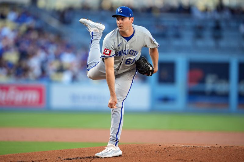 Jun 15, 2024; Los Angeles, California, USA; Kansas City Royals starting pitcher Seth Lugo (67) throws in the first inning against the Los Angeles Dodgers at Dodger Stadium. Mandatory Credit: Kirby Lee-USA TODAY Sports