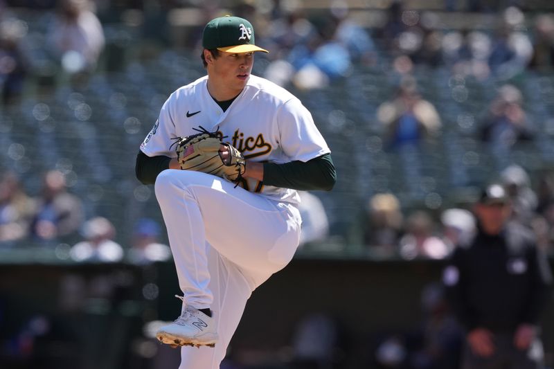 Apr 19, 2023; Oakland, California, USA; Oakland Athletics starting pitcher Mason Miller (57) throws a pitch against the Chicago Cubs during the first inning at Oakland-Alameda County Coliseum. Mandatory Credit: Darren Yamashita-USA TODAY Sports