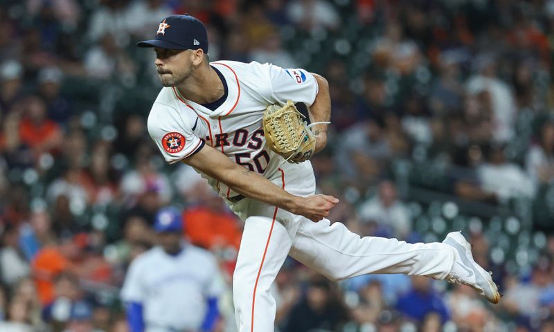 Apr 3, 2024; Houston, Texas, USA; Houston Astros relief pitcher Tayler Scott (50) delivers a pitch during the eighth inning against the Toronto Blue Jays at Minute Maid Park. Mandatory Credit: Troy Taormina-USA TODAY Sports