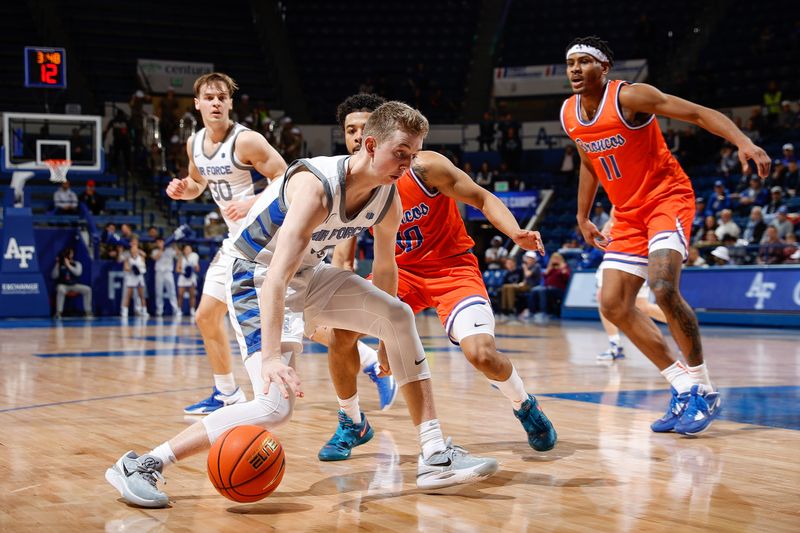Jan 31, 2023; Colorado Springs, Colorado, USA; Air Force Falcons guard Jake Heidbreder (3) controls the ball under pressure from Boise State Broncos guard Marcus Shaver Jr. (10) as guard Chibuzo Agbo (11) and guard Camden Vander Zwaag (30) look on in the second half at Clune Arena. Mandatory Credit: Isaiah J. Downing-USA TODAY Sports