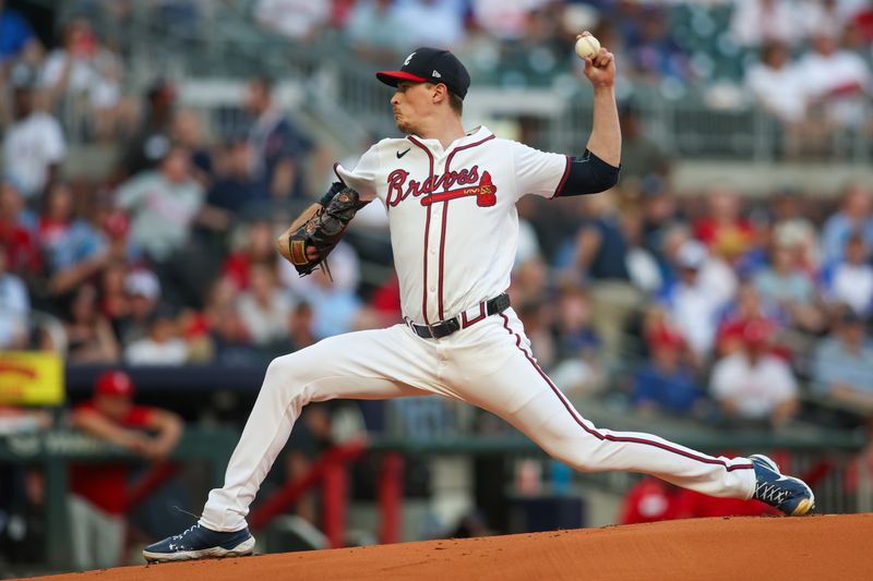 Aug 21, 2024; Atlanta, Georgia, USA; Atlanta Braves starting pitcher Max Fried (54) throws against the Philadelphia Phillies in the first inning at Truist Park. Mandatory Credit: Brett Davis-USA TODAY Sports