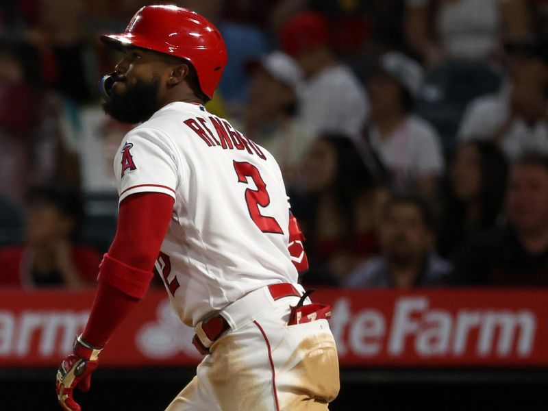 Sep 6, 2023; Anaheim, California, USA;  Los Angeles Angels shortstop Luis Rengifo (2) hits a 2-run home run during the third inning against the Baltimore Orioles at Angel Stadium. Mandatory Credit: Kiyoshi Mio-USA TODAY Sports