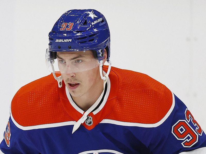 Nov 26, 2023; Edmonton, Alberta, CAN; Edmonton Oilers forward Ryan Nugent-Hopkins (93) skates during warmup against the Anaheim Ducks at Rogers Place. Mandatory Credit: Perry Nelson-USA TODAY Sports