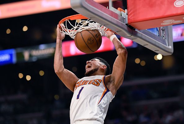 LOS ANGELES, CA - OCTOBER 23: Devin Booker #1 of the Phoenix Suns celebrates as he scores a basket against the Los Angeles Clippers during the second half at Crypto.com Arena on October 23, 2022 in Los Angeles, California. NOTE TO USER: User expressly acknowledges and agrees that, by downloading and or using this photograph, User is consenting to the terms and conditions of the Getty Images License Agreement. (Photo by Kevork Djansezian/Getty Images)
